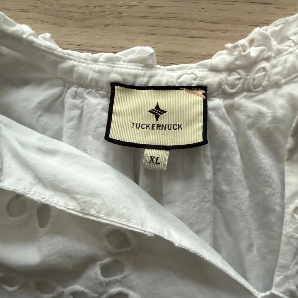 Tuckernuck Women's White Summer Dress Eyelet Tiered XL Good MENDED - Picture 2 of 10